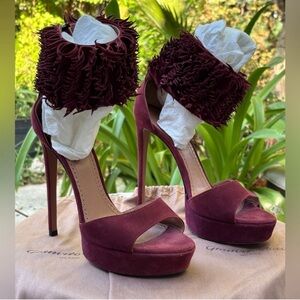 NWOT Alaia burgundy fringe cuff suede sandals platform heels ankle straps